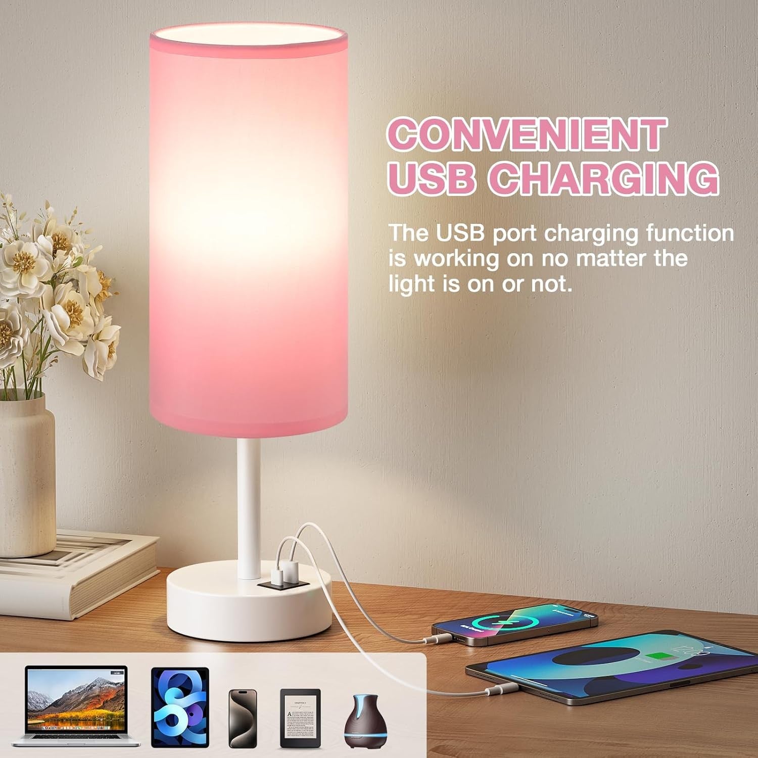 Touch Bedside Table Lamp Pink USB Charging Night Light E27 Modern