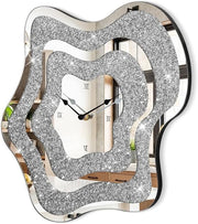 Irregular Mirror Crushed Diamond Wall Clock Silver Crystal Sparkly 40cm Decor