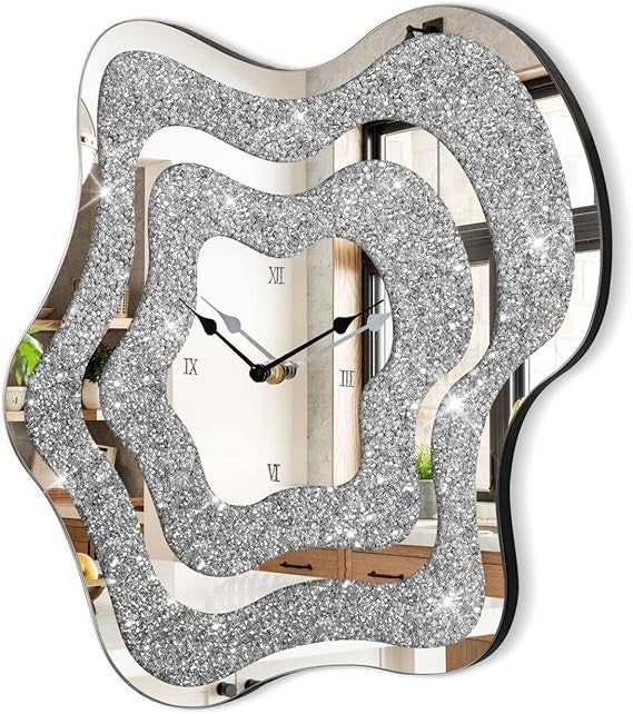 Irregular Mirror Crushed Diamond Wall Clock Silver Crystal Sparkly 40cm Decor