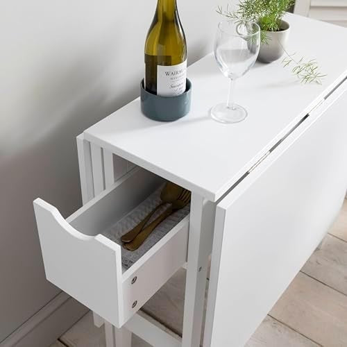 White Folding Dining Table Drop Leaf with Drawer Space Saving Small Dining