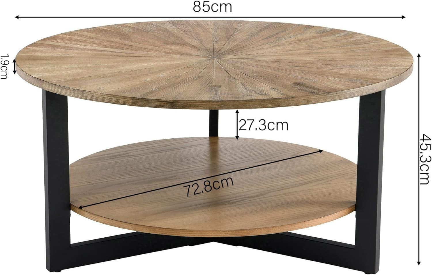 Round 2-Tier Coffee Table with Storage, Solid Wood & Metal 85x45.3cm