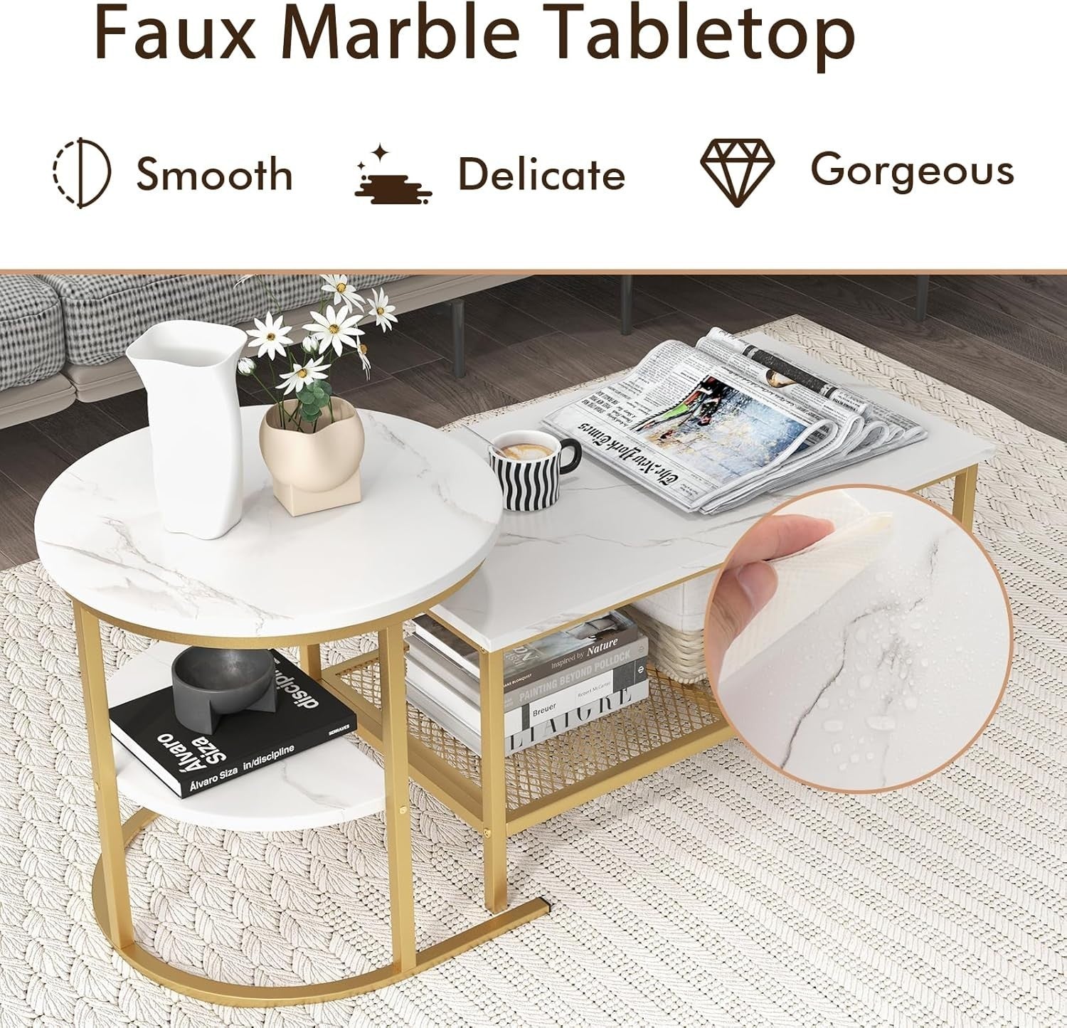 2-in-1 Coffee Table Set Storage Side Sofa Table Adjustable Height Gold White