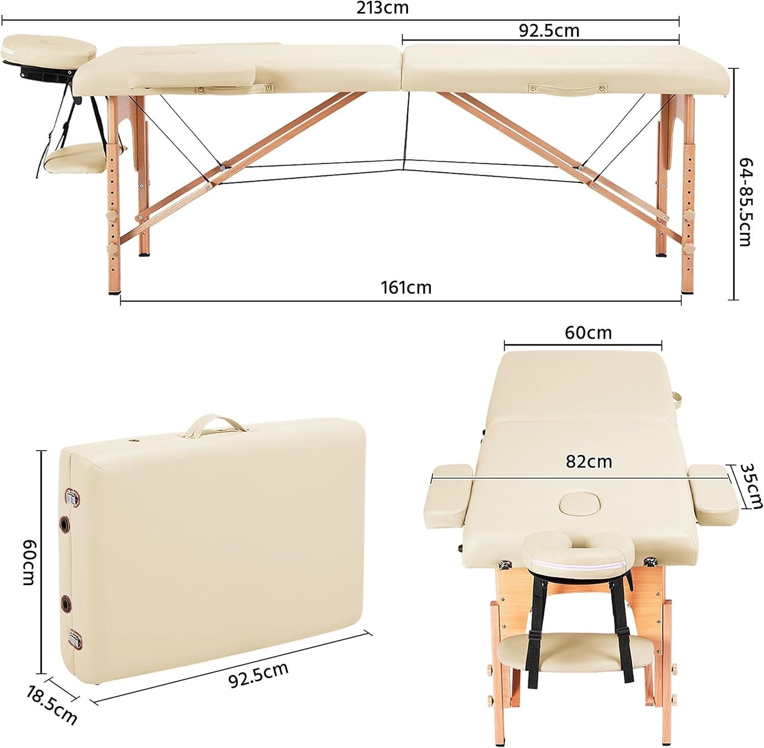 Portable Wood Massage Table Folding 2-Section Beauty Lash Bed Cream 60cm Width