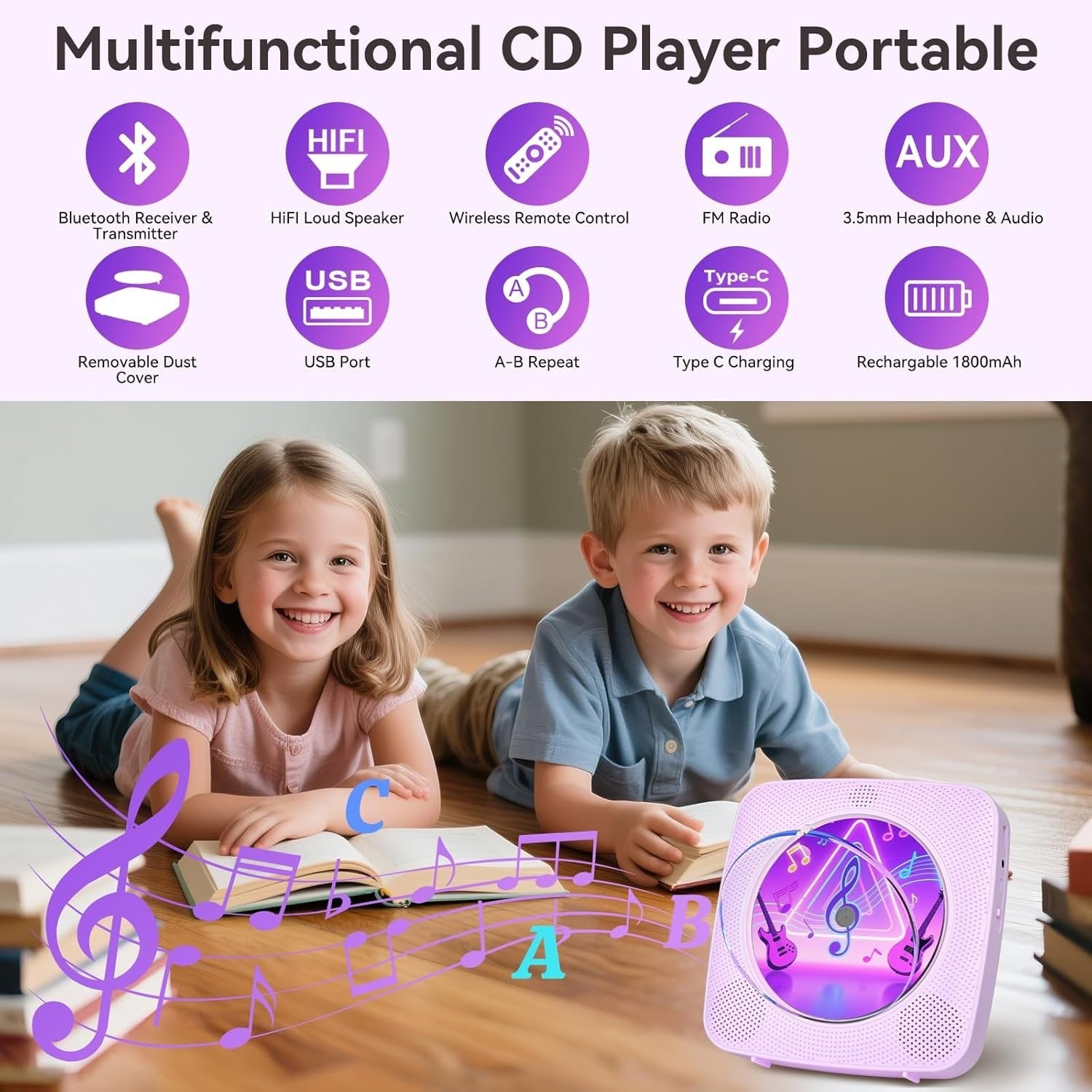Portable CD Player Bluetooth Speakers FM Radio USB AUX Remote Purple