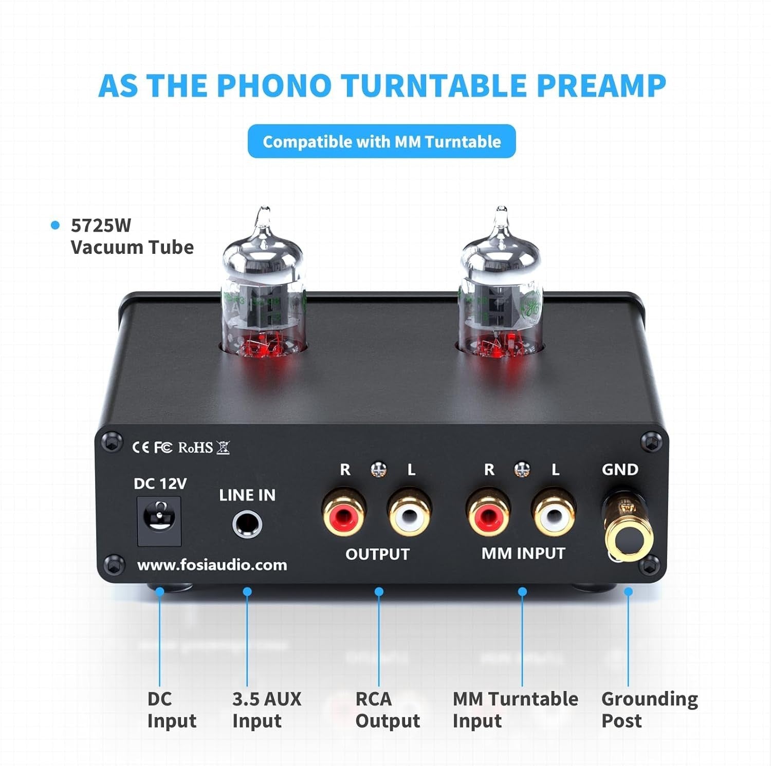Tube Phono Preamp Headphone Amplifier MM Turntable HiFi Bass Treble EQ