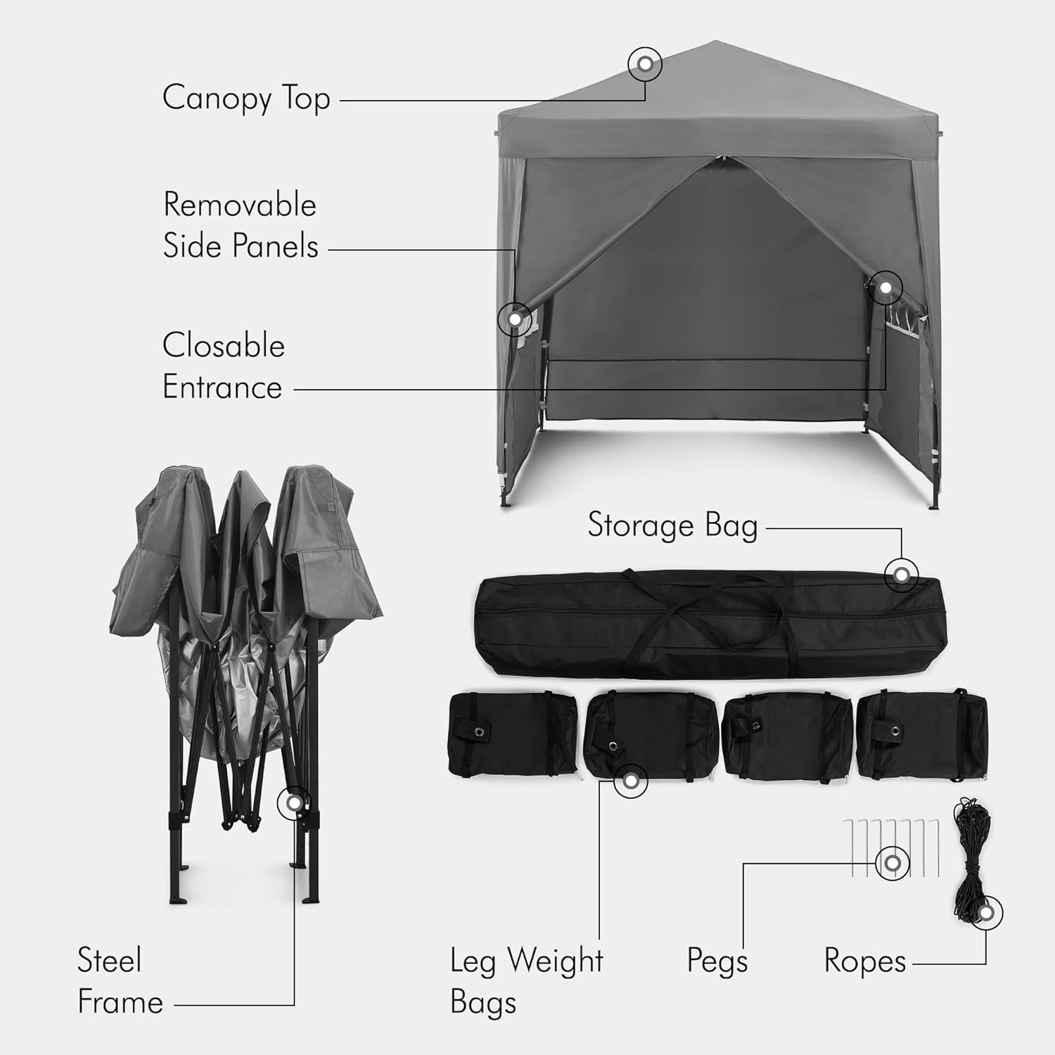 2x2M Grey Pop Up Gazebo With Removable Sides Waterproof Garden Party Tent