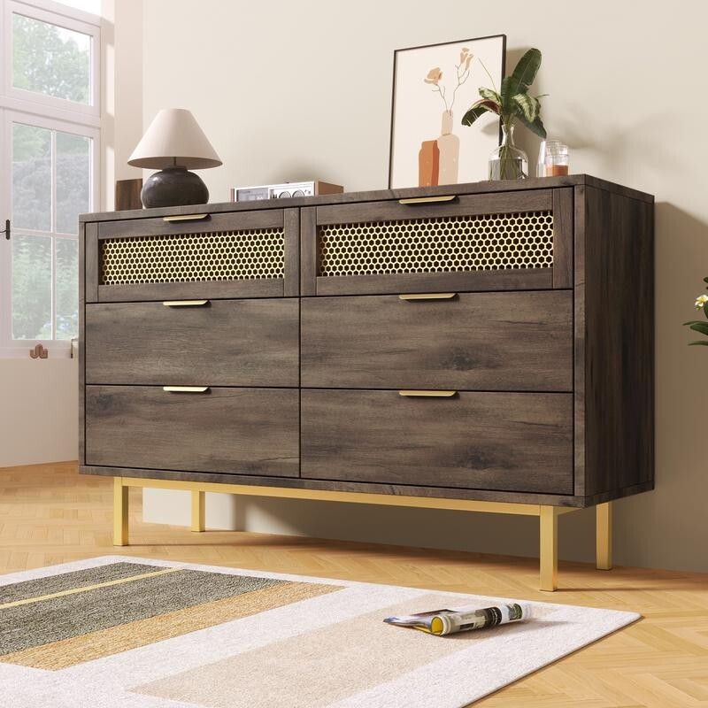 Dark Wood Sideboard Cabinet 6 Drawers, Metal Legs, Retro Storage Unit