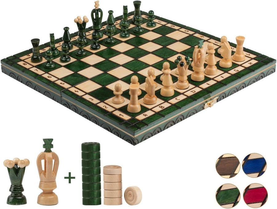 Luxury 35cm Wooden Chess & Draughts Set | Folding Board | Handmade Green Set