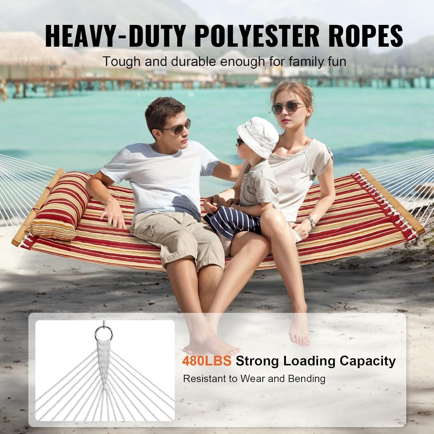 Luxury Quilted Double Hammock w/ Pillow & Spreader Bar – Indoor Outdoor Relax