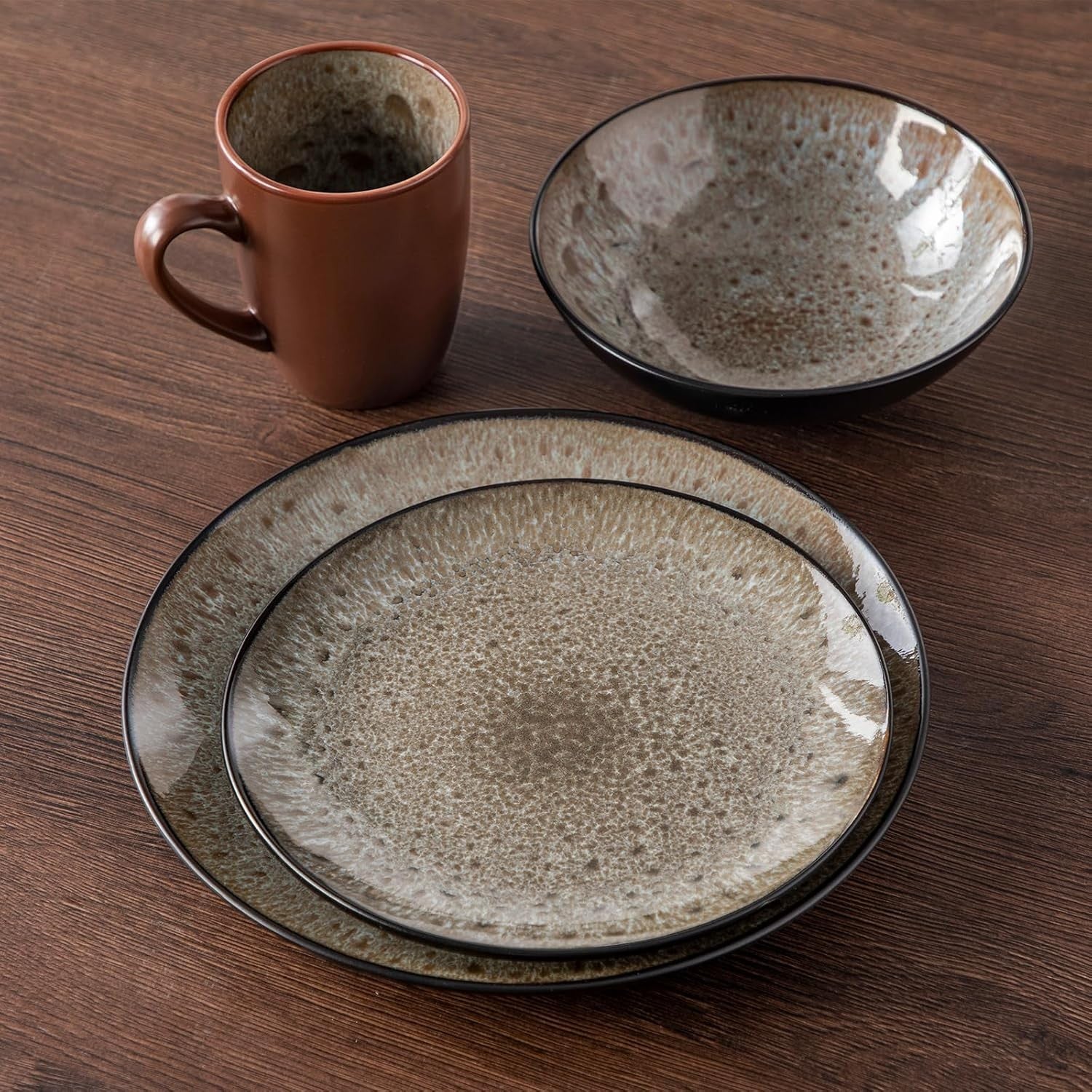 16pc Reactive Glaze Dinnerware Set Brown Plates Bowls Mugs Stoneware