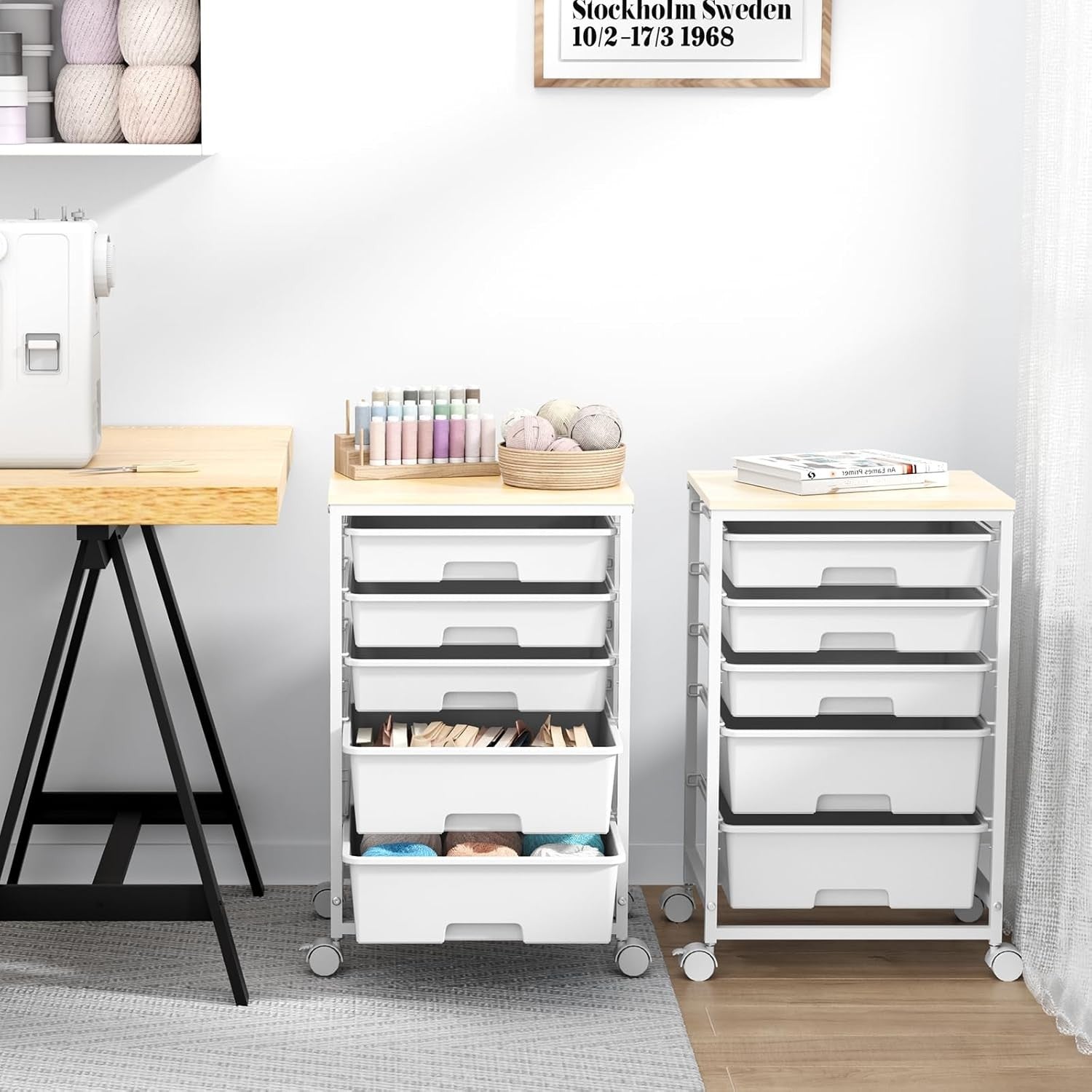 5 Drawer Rolling Storage Trolley Cart with Wheels Utility Organizer White