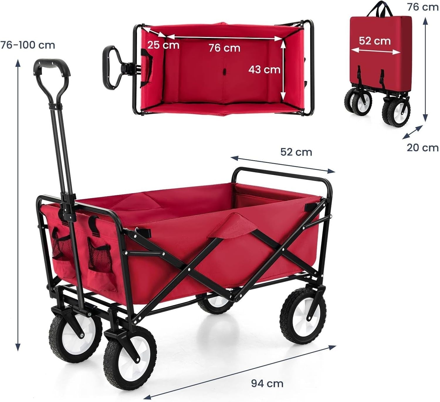 Folding Festival Trolley Wagon 82L Heavy Duty Cart All Terrain Wheels Red