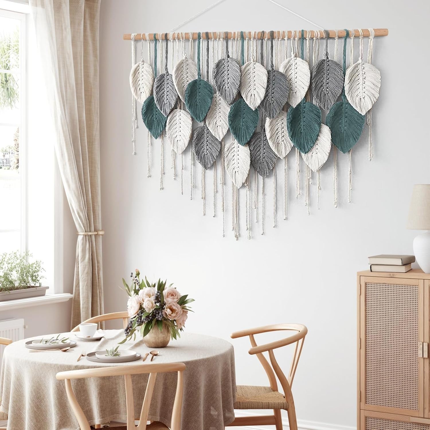 Large Macrame Wall Hanging Boho Leaf Woven Tapestry Teal