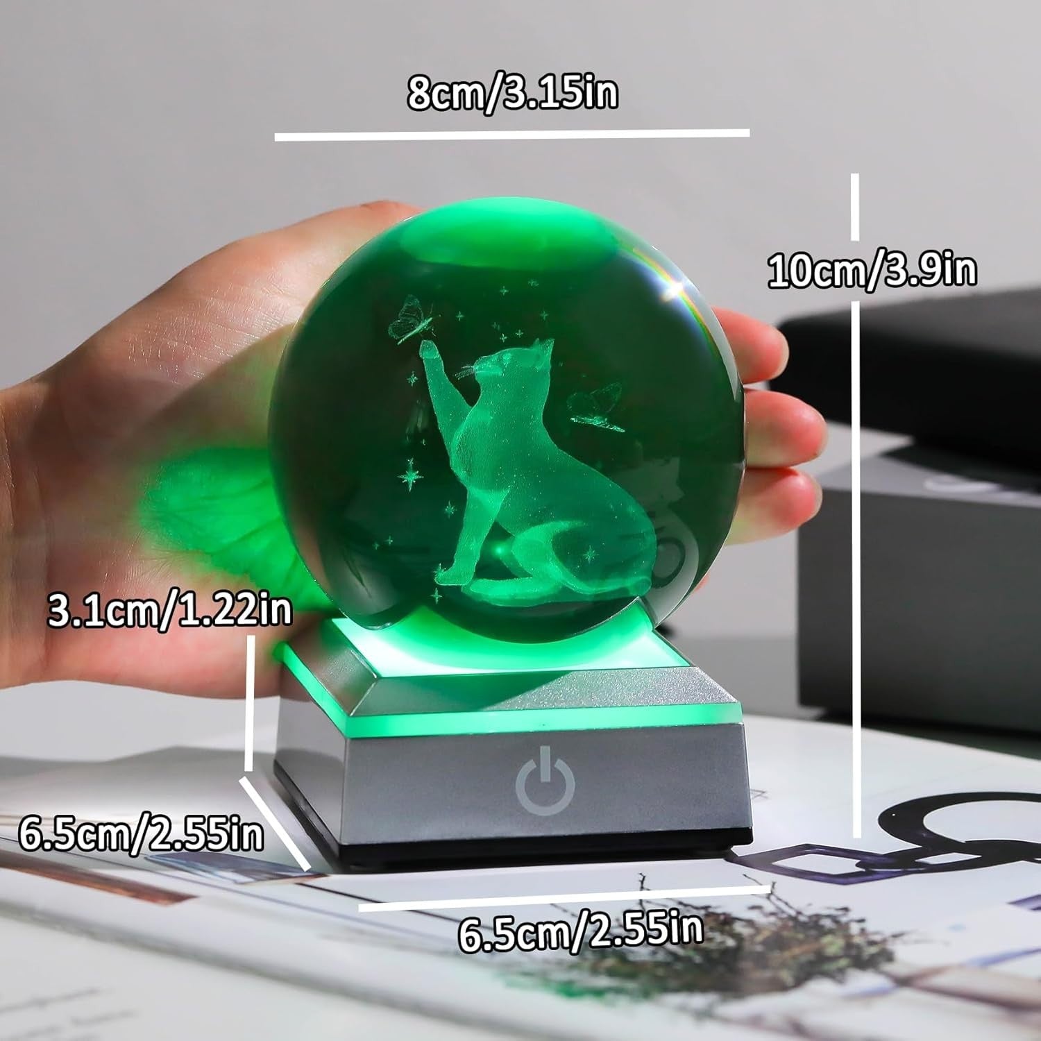3D Crystal Cat & Butterfly LED Light Ball 80mm Glass Ornament Gift for Cat Lover