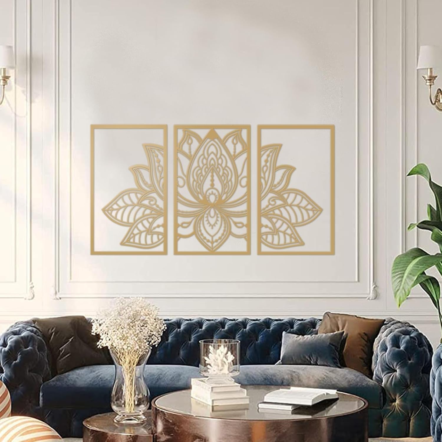 3PC Lotus Flower Metal Wall Art Gold Mandala Decor