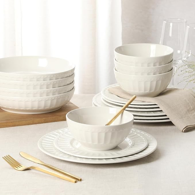 16pc White Embossed Dinnerware Set Plates Bowls Pasta Dish Service for 4