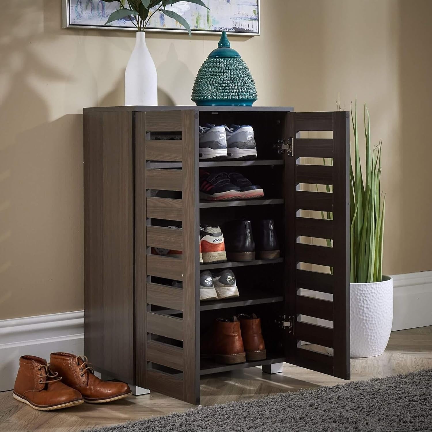 Shoe Storage Cabinet Wooden 2 Door Dark Brown Unit – Slim, Modern, Space-Saving