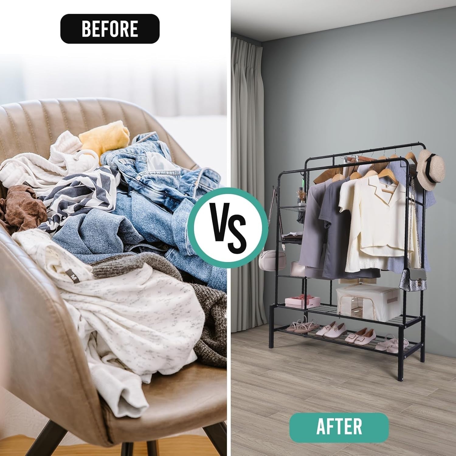 Heavy Duty Clothes Rail Black 120KG Double Hanging Rack With Shelves