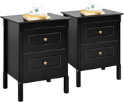 Modern Black Bedside Tables Set of 2 with 2 Drawers, Pine Wood Legs