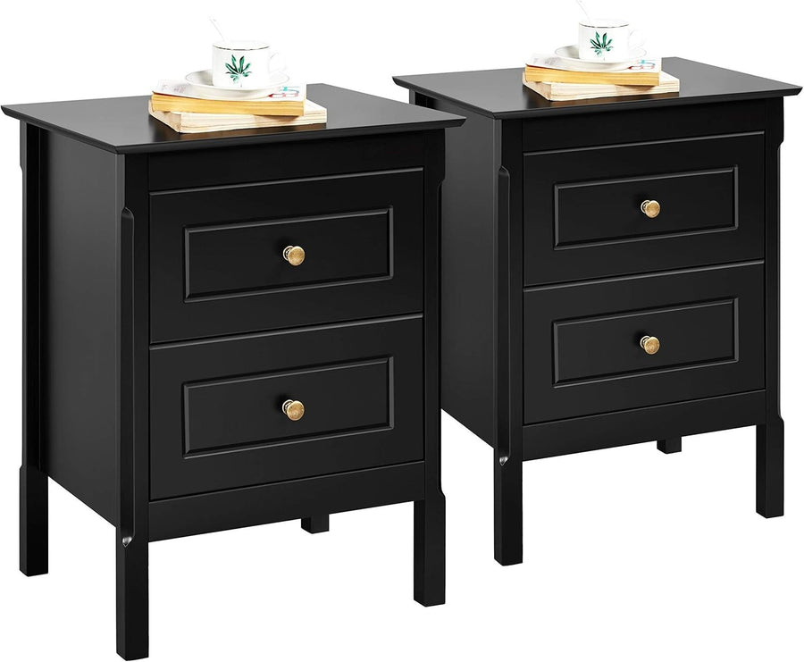 Modern Black Bedside Tables Set of 2 with 2 Drawers, Pine Wood Legs