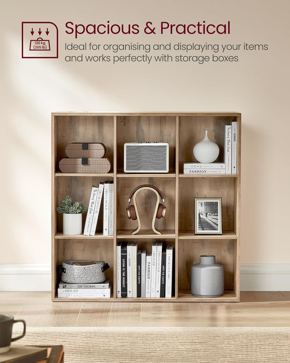 9-Cube Camel Brown Bookcase | Large Storage Display Shelf for Home & Office