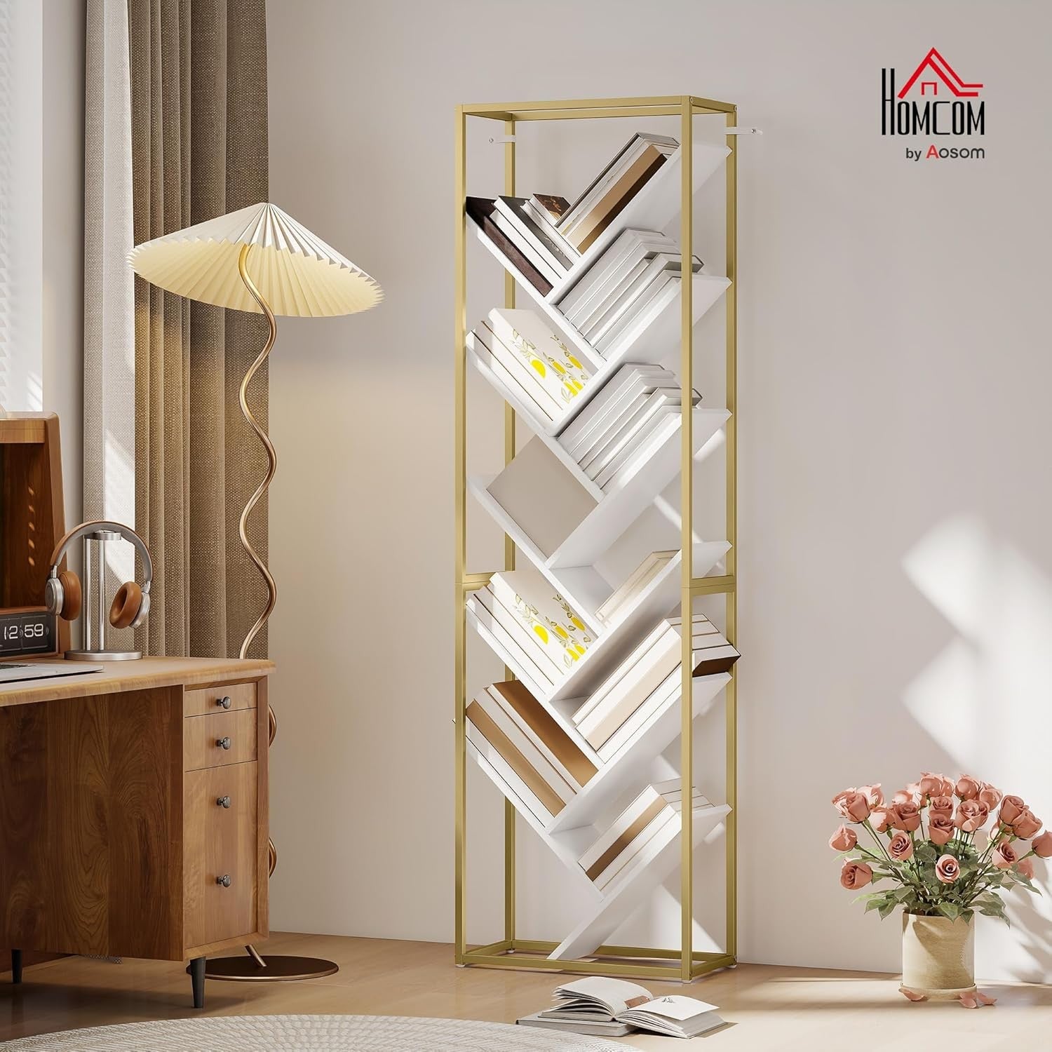 10-Tier Tree Bookshelf Modern White & Gold Tall Display Storage Unit for Home