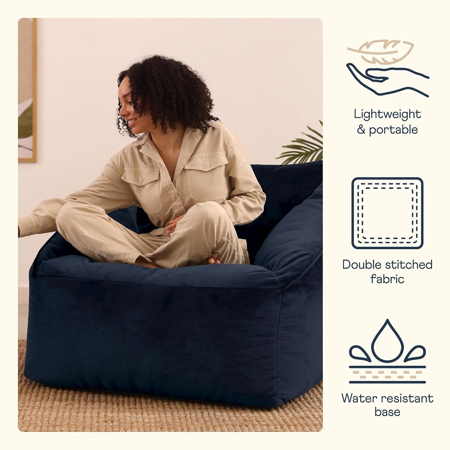 Velvet Bean Bag Chair Adult Armchair Lounge Seat Soft Midnight Blue Sofa