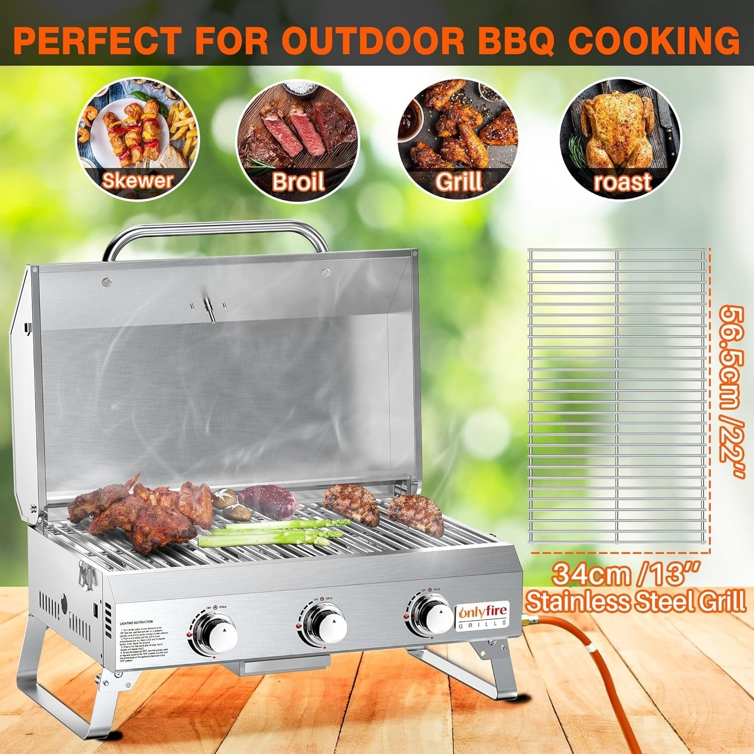 3 Burner Portable Gas BBQ Grill Stainless Steel Tabletop Outdoor Camping Cooker