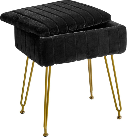 Black Faux Fur Storage Footstool – Modern Vanity Stool with Metal Legs