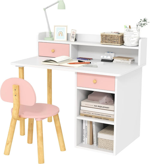Kids Study Desk & Chair Set with Hutch, Storage Drawers, Pink for Ages 3-8