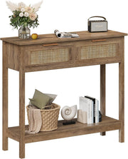 Rustic Boho Rattan Console Table with Drawers & Open Shelf, 29.5"x100"x81.5"