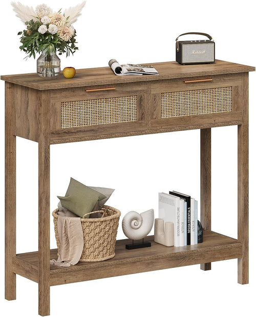 Rustic Boho Rattan Console Table with Drawers & Open Shelf, 29.5"x100"x81.5"