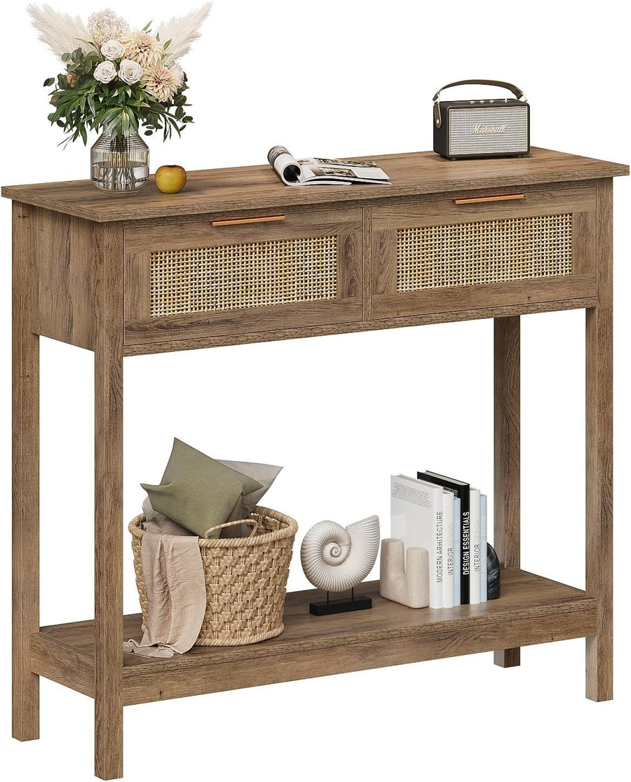 Rustic Boho Rattan Console Table with Drawers & Open Shelf, 29.5"x100"x81.5"