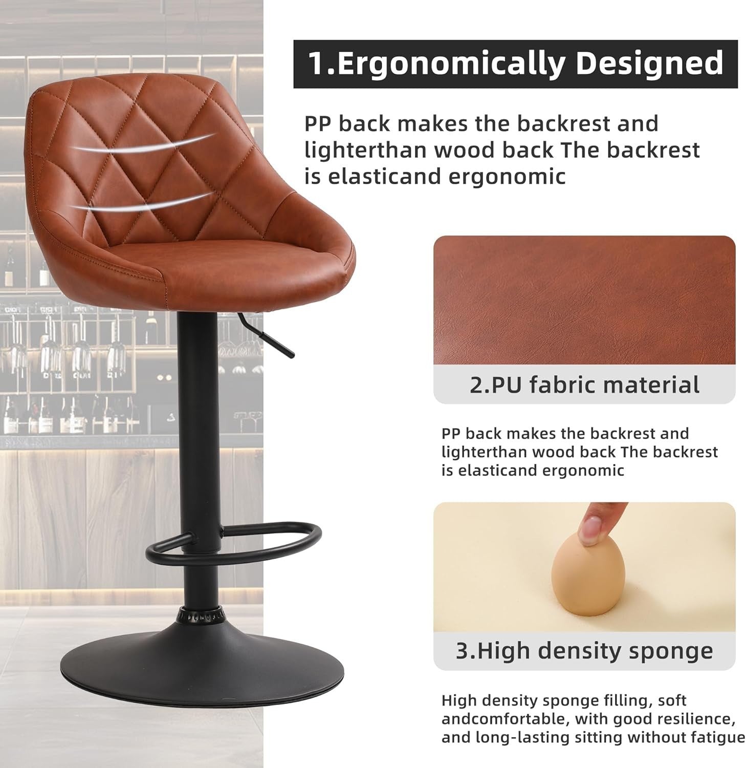 Adjustable PU Leather Bar Stools with Footrest – Zamaro Brown