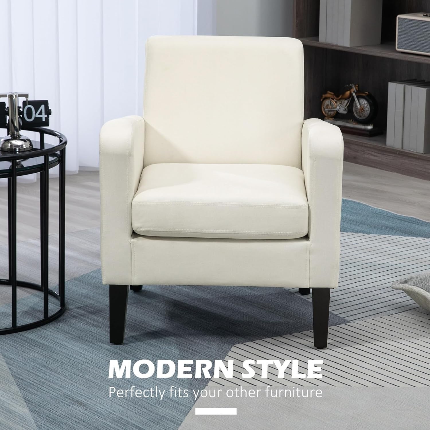 Cream Linen Accent Armchair with Cushioned Back & Eucalyptus Wood Legs