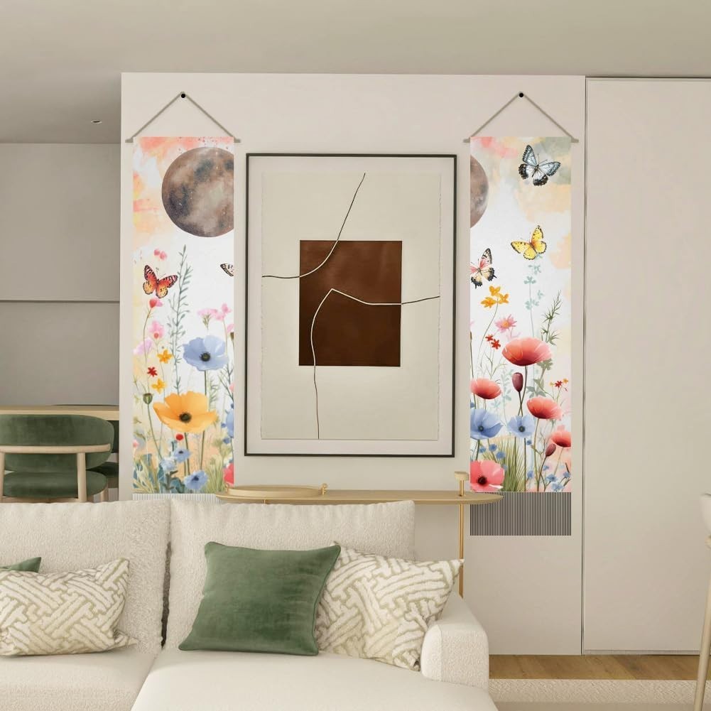 Boho Beige Flower Tapestry 2pcs 45.7x13in Butterfly Wall Decor