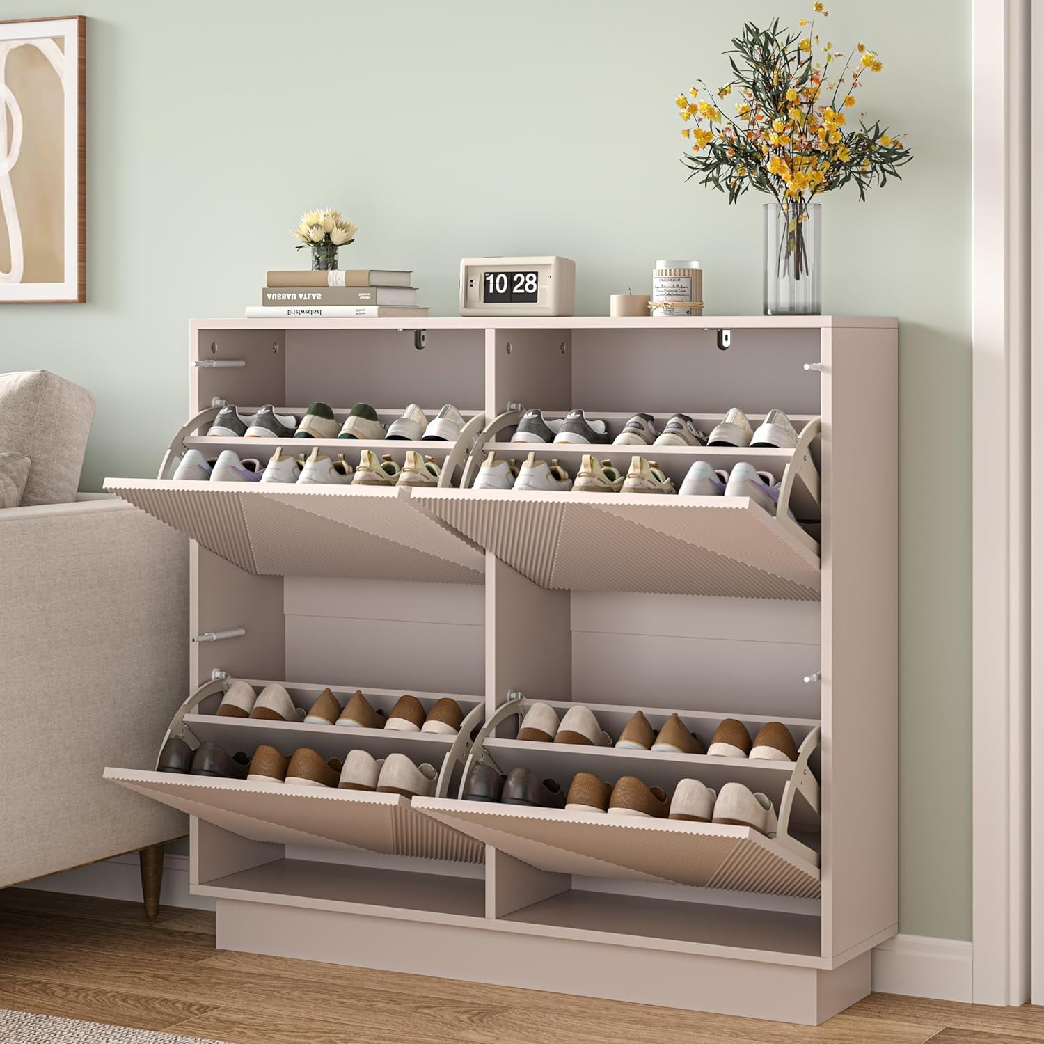Cashmere Shoe Cabinet 4 Flip Drawers | Slim, Anti-Tip, 99cm Wide Storage