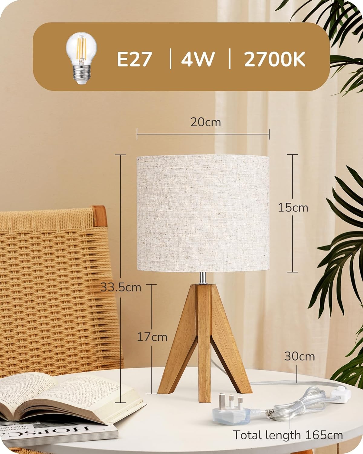 Tripod Bedside Table Lamp Grey Linen Shade Wooden Base Modern Desk Light 36cm