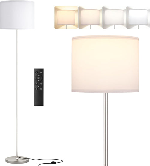 Modern Floor Lamp with Remote Dimmable White Shade Silver Pole 153cm 9W