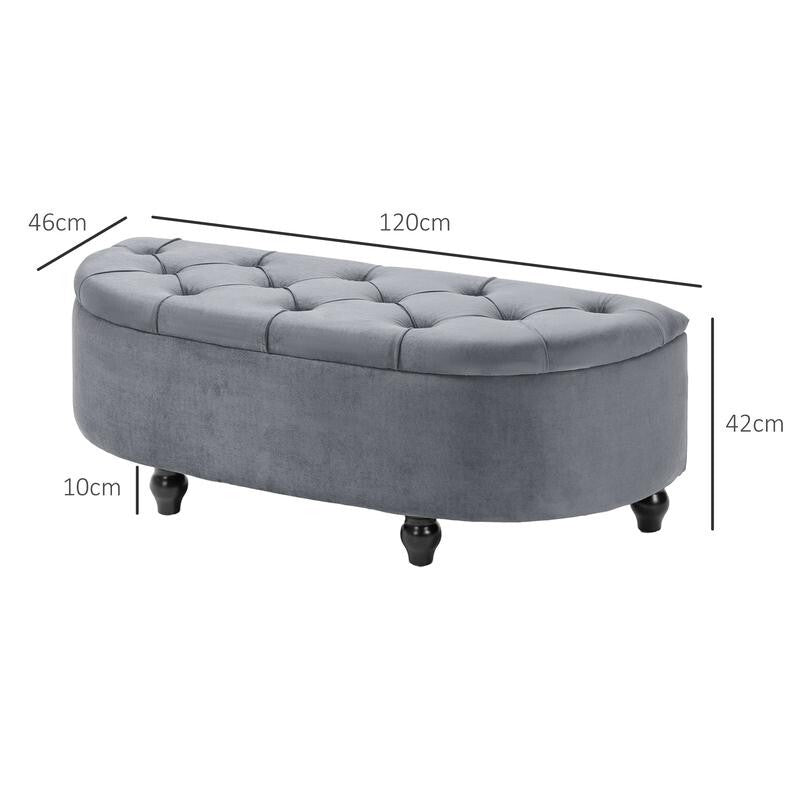 Velvet Storage Ottoman Bench Semi-Circle Bed End Stool Seat Grey Wood Legs