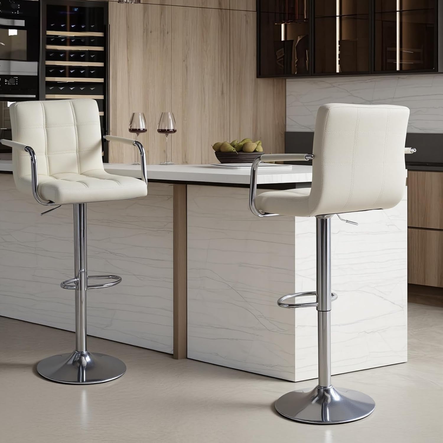 Beige PU Leather Bar Stool Adjustable Height 360° Swivel with Armrest