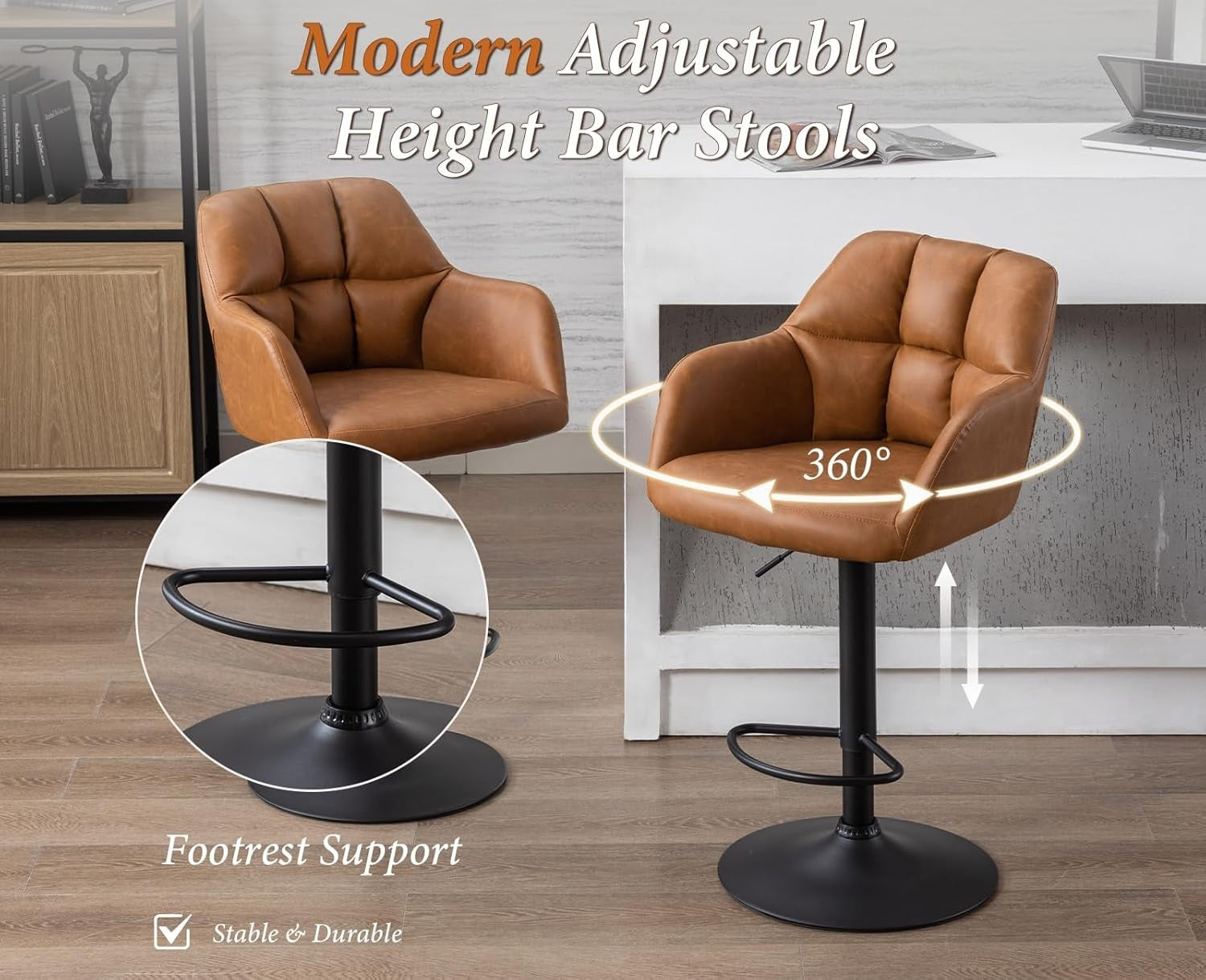 Set of 2 Swivel Bar Stools PU Leather Adjustable Height Brown