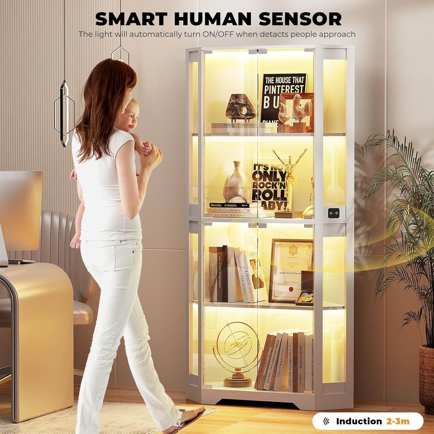 65" LED Corner Display Cabinet Glass Shelves Sensor Light Modern Storage White