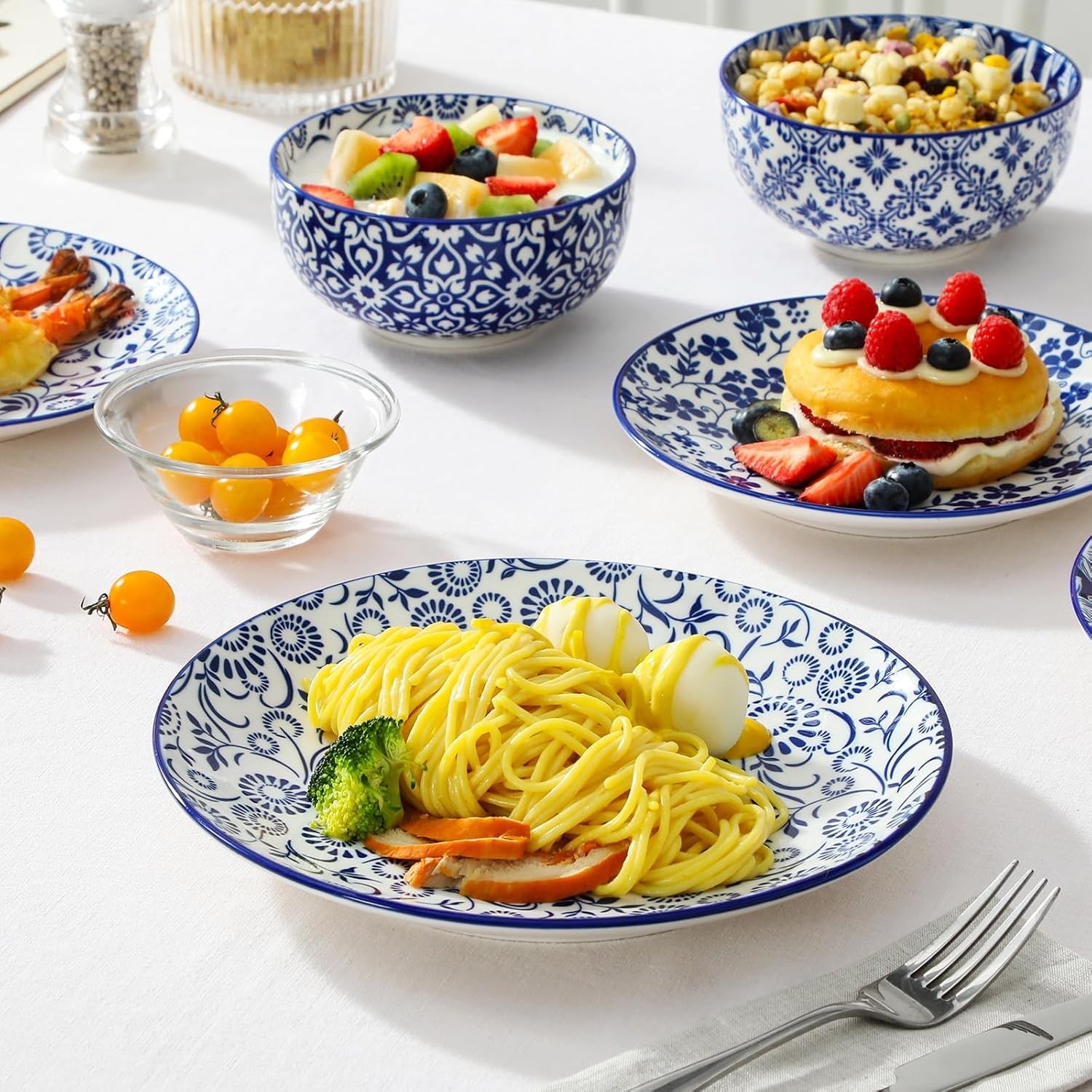 36pc Porcelain Dinnerware Set Blue White Plates Bowls Dishwasher Safe