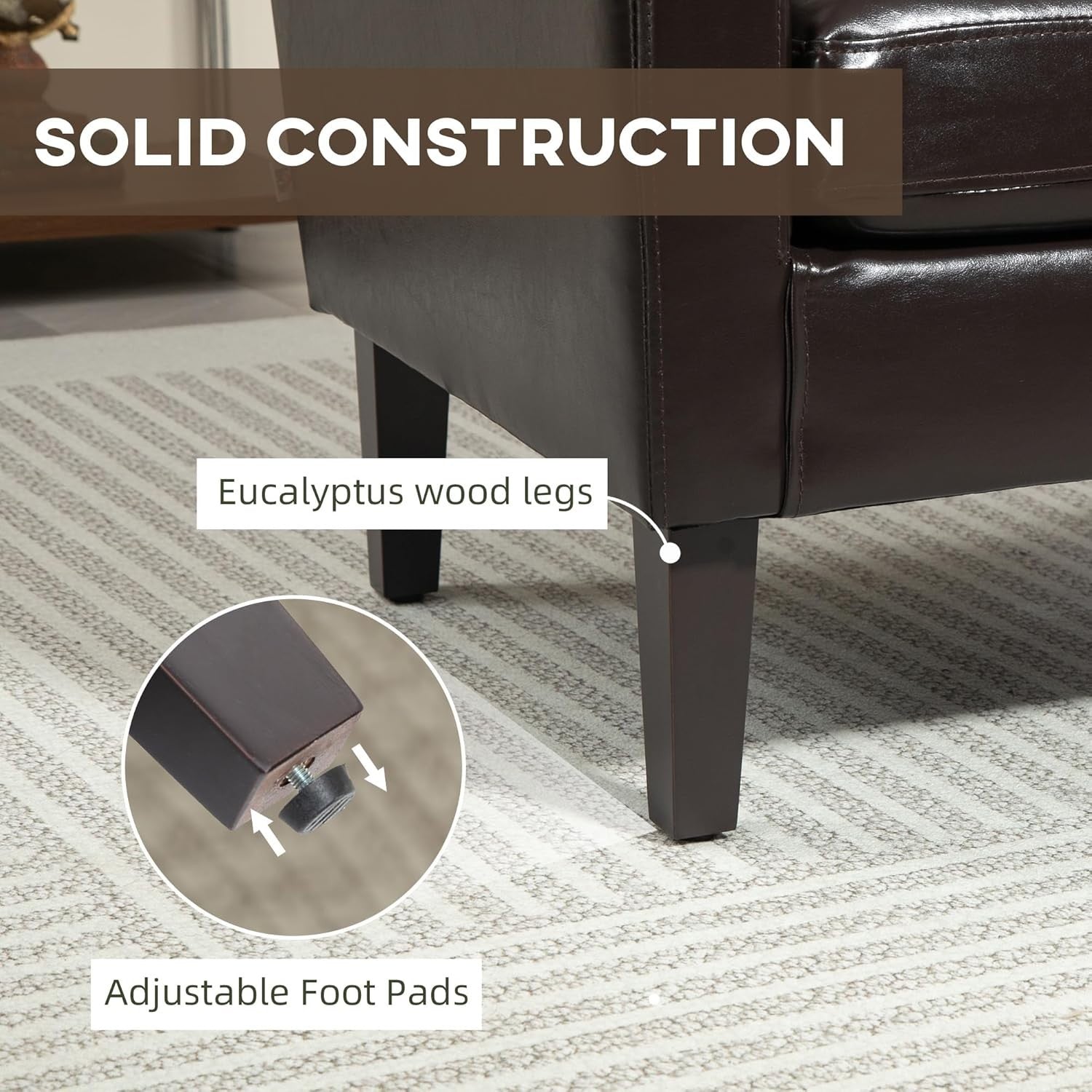 Modern Faux Leather Armchair with Eucalyptus Wood Legs | Comfortable Lounge Seat