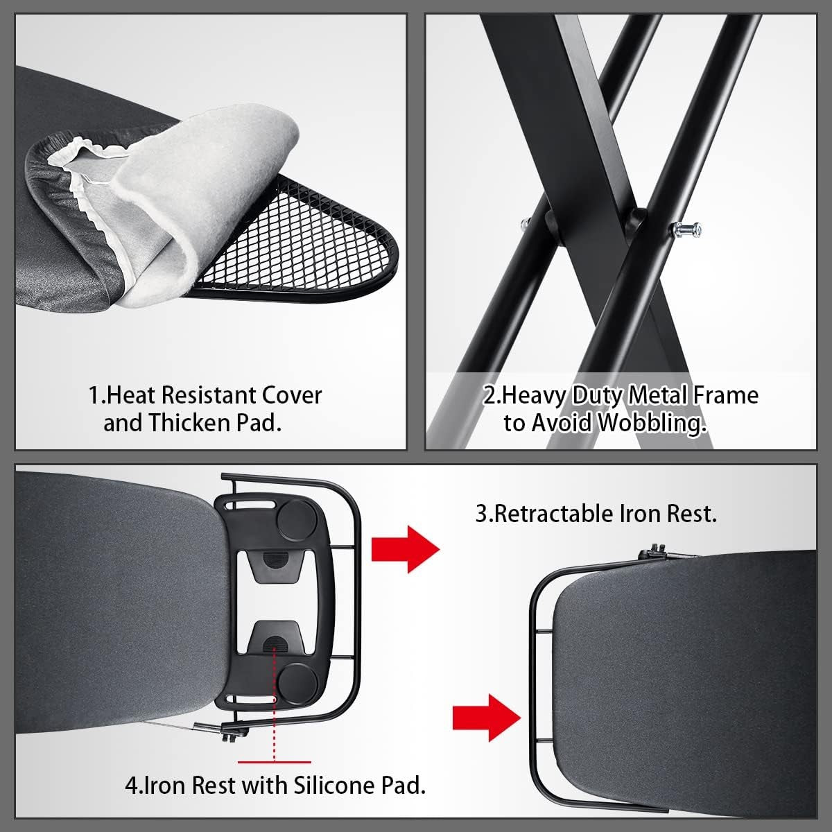 Extra Wide Ironing Board with Sleeve Board Adjustable Height Foldable Black