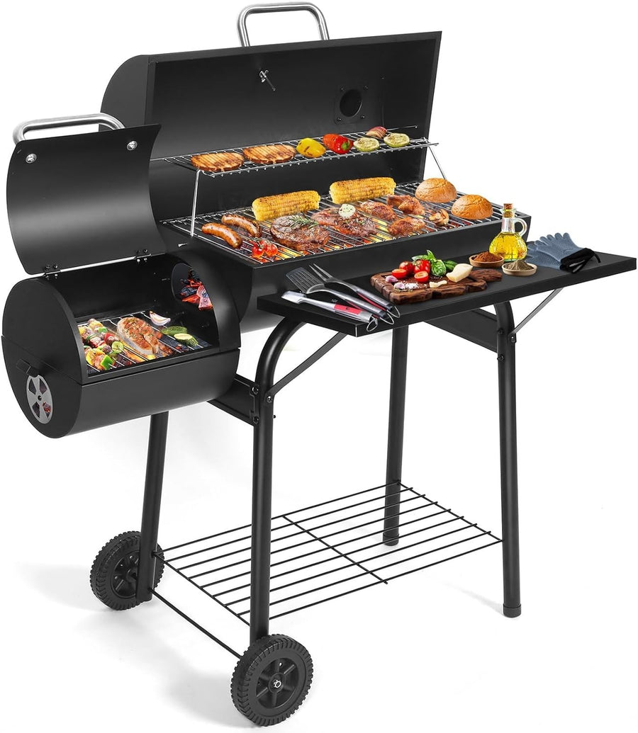 Charcoal BBQ Grill with Offset Smoker | Large Outdoor Drum Barbecue