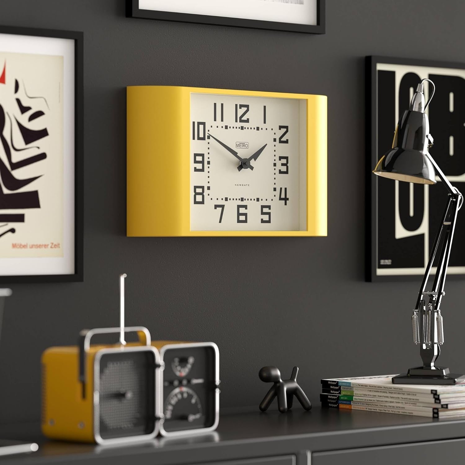 Retro Yellow Wall Clock 42cm Wide Mid-Century Modern Kitchen Home Decor
