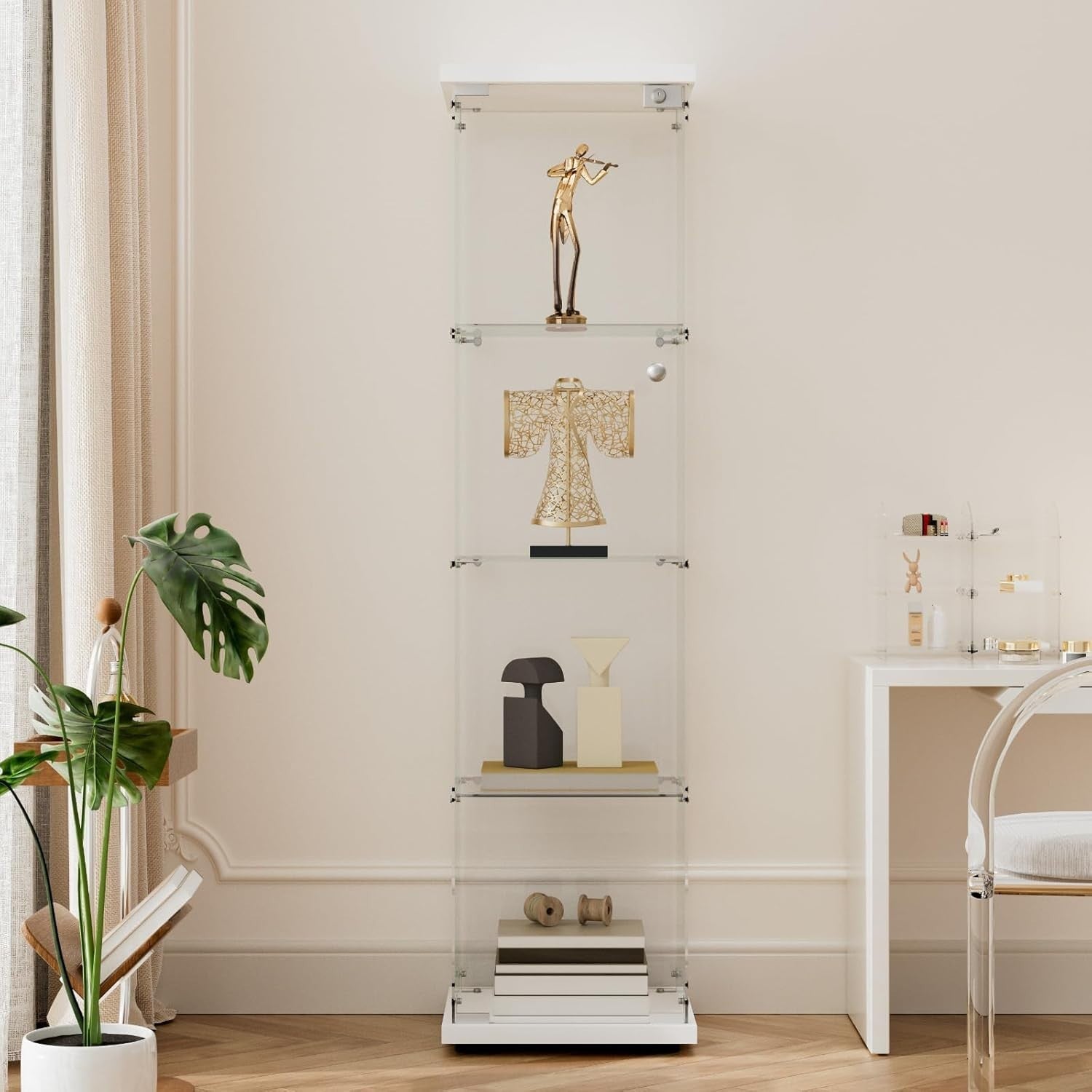 Glass Display Cabinet 64” Single Door Storage Showcase with 4 Shelves