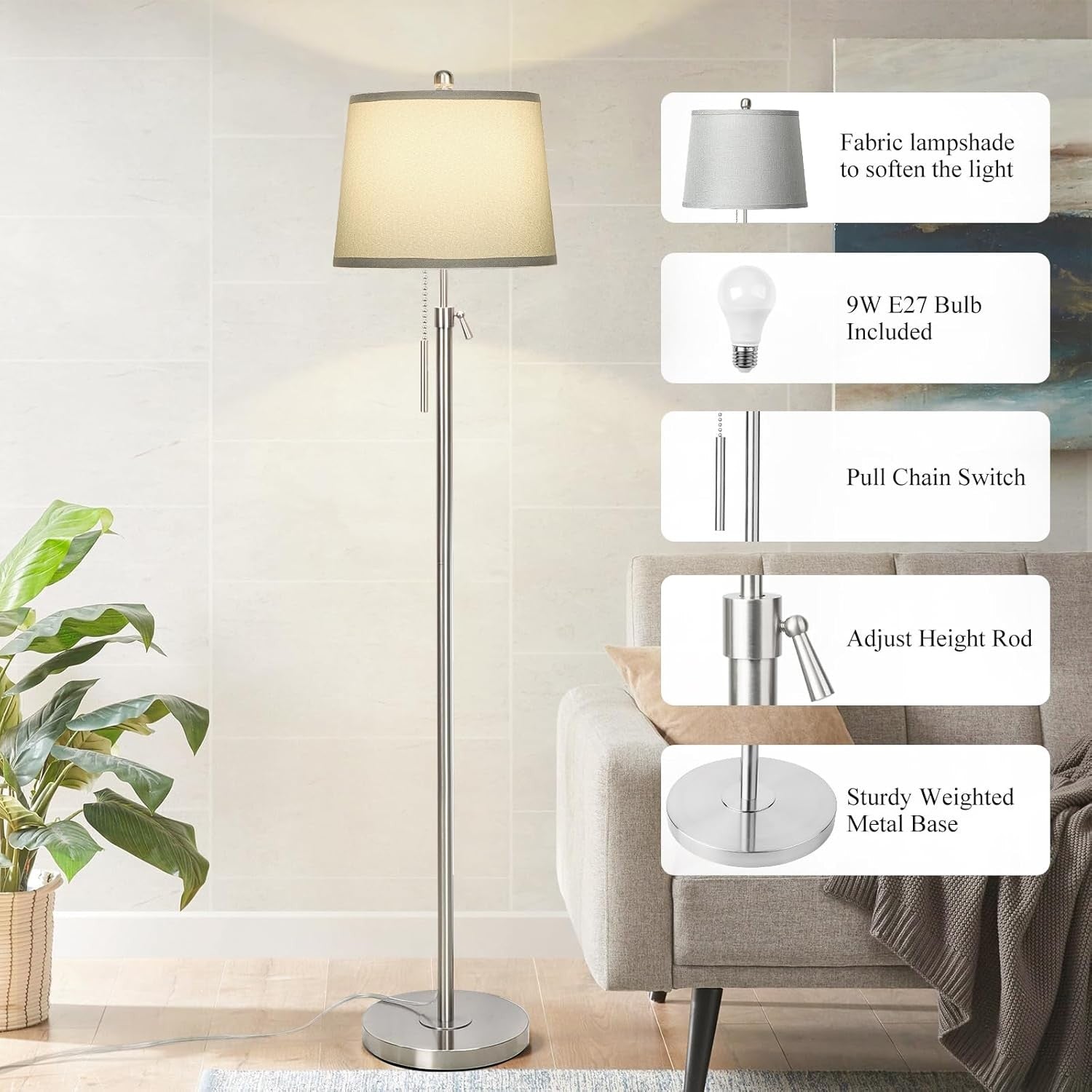Adjustable Floor Lamp Silver Height Adjustable 3 Colour LED Standing Light